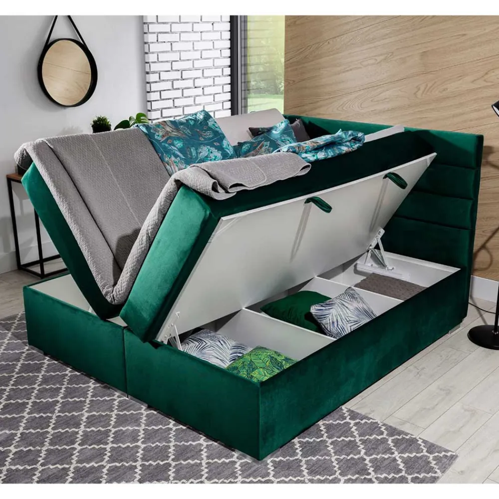 Wohnen Jugendbetten*Stauraumbett in Dunkelgrün Veloursbezug - Waruna