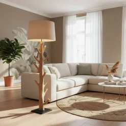 Wohnen Lampen & Leuchten*Stehlampe mit Stoffschirm und Naturholz Fuß - Longli