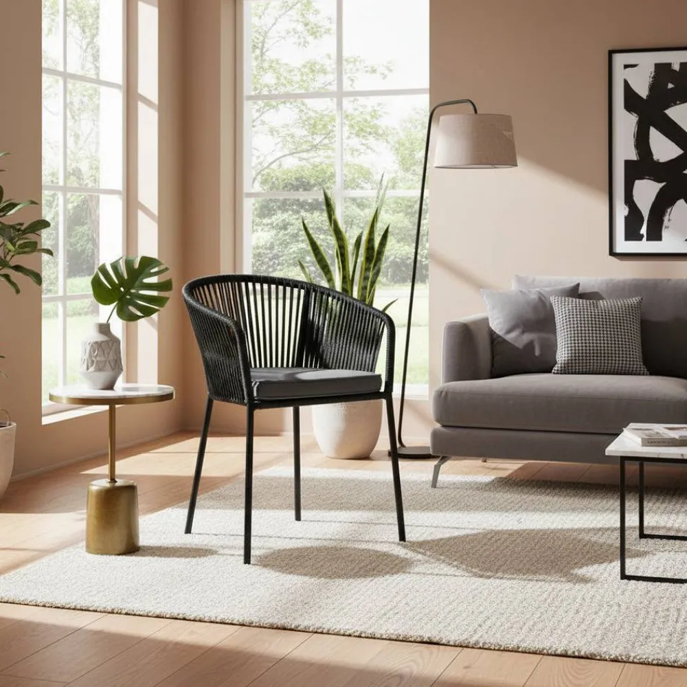 Wohnen Stühle mit Kordelgeflecht in Schwarz - Gesdana (4er Set)