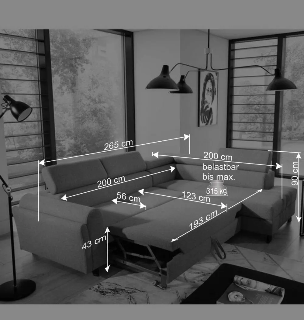 Wohnen Stoff Dreisitzer Ecksofa in Blaugrau - Crosbys