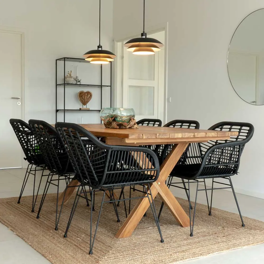 Wohnen Teak Altholz Tisch & Kunstrattan Stühle - Dariofa (siebenteilig)