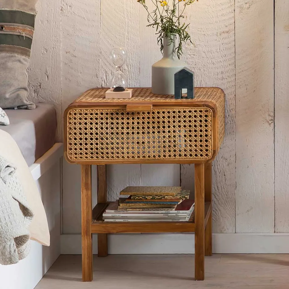 Wohnen Rattanmöbel|Nachttische*Teak Holz Nachtkommode mit Wiener Geflecht - Teako