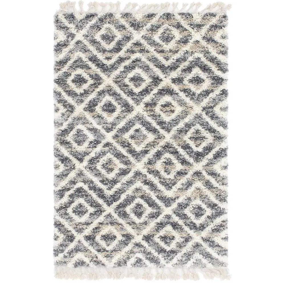 Wohnen Teppiche*Teppich mit handgeflochtenen Fransen in Creme und Grau - Juwan