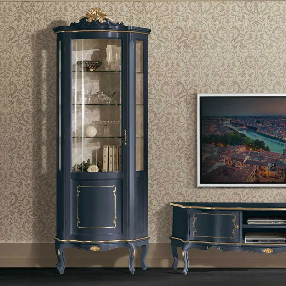 Wohnen Esszimmer-Vitrinen*1-türige Barock Vitrine in Dunkelblau & Gold - Otaligo