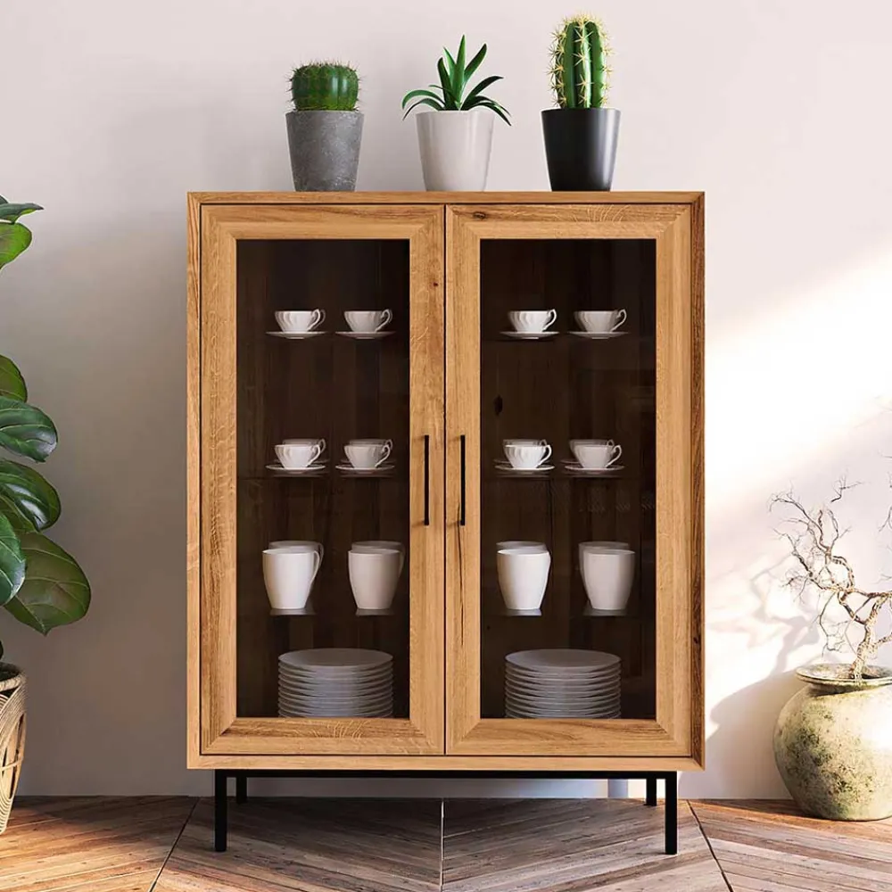 Wohnen Esszimmer-Vitrinen|Esszimmerschränke*2-türige Vitrine aus geöltem Wildeiche Massivholz - Kerfa
