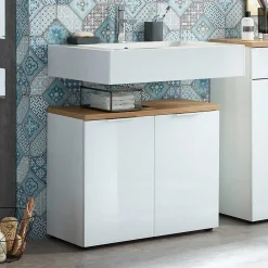 Wohnen Waschtisch|Waschbeckenunterschränke*2-türige Waschkommode in Weiß & Eiche - Etosia