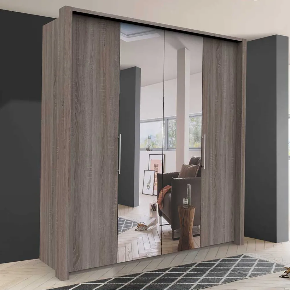 Wohnen 2-türiger Holz Look Kleiderschrank mit Spiegel - Crenba