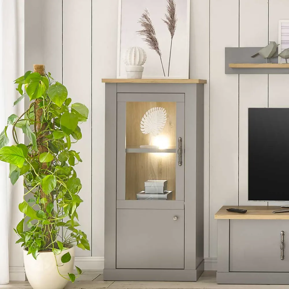 Wohnen Vitrinen|Wohnzimmer-Vitrinen*2-türiger Landhaus Vitrinenschrank in Lichtgrau - Buleta