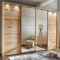 Wohnen 4-türiger Schwebetürenschrank in Eiche Bianco - Brownie