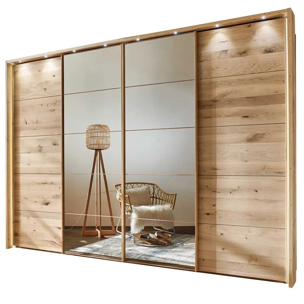 Wohnen 4-türiger Schwebetürenschrank in Eiche Bianco - Brownie