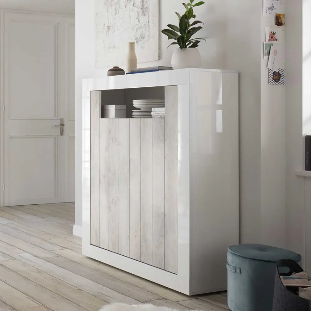 Wohnen 2-türiges Highboard in Dekor Pinie Weiß - Merenda