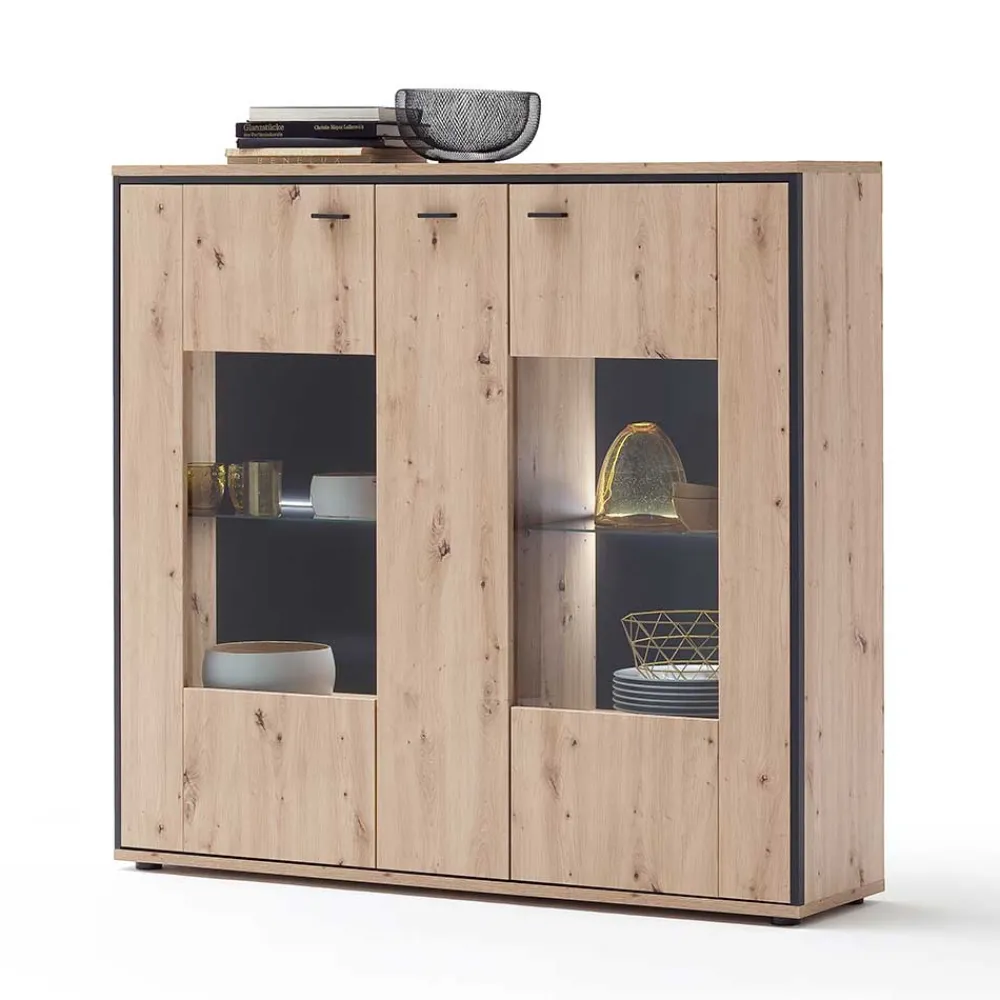 Wohnen 3-türiges Highboard mit Glas in Holzdekor Eiche - Nikdus