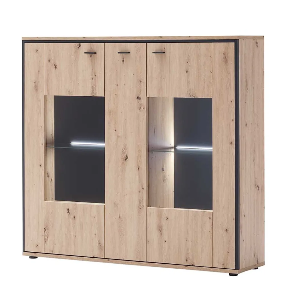 Wohnen 3-türiges Highboard mit Glas in Holzdekor Eiche - Nikdus