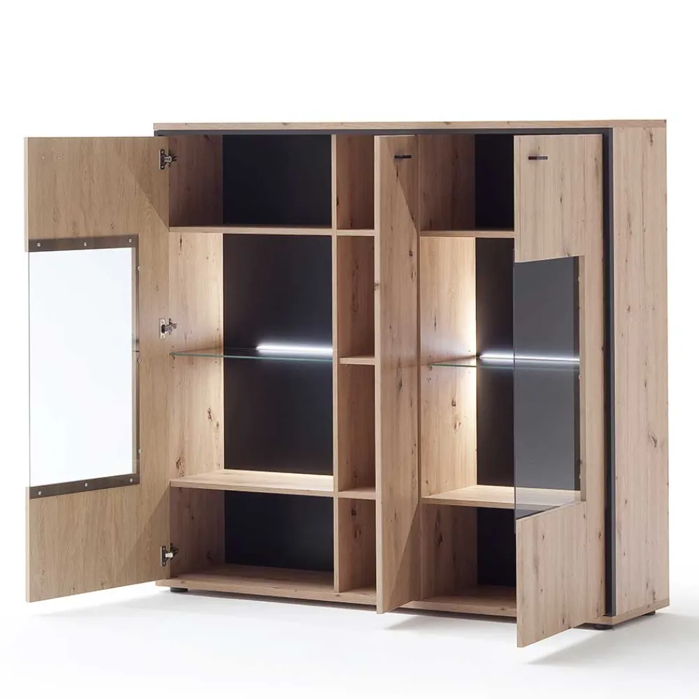 Wohnen 3-türiges Highboard mit Glas in Holzdekor Eiche - Nikdus