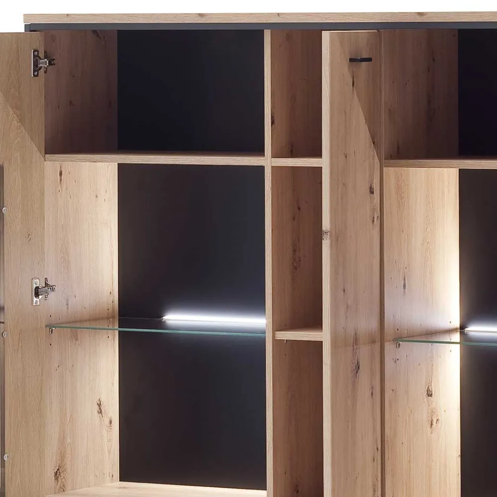 Wohnen 3-türiges Highboard mit Glas in Holzdekor Eiche - Nikdus