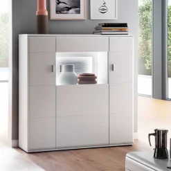 Wohnen 3-türiges Highboard mit Glas Einsatz in Weiß - Hazime