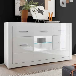 Wohnen Sideboards & Kommoden|Wohnzimmerschränke*3-türiges Sideboard in Hochglanz Weiß & Glas Yulis mit 2 Schubladen