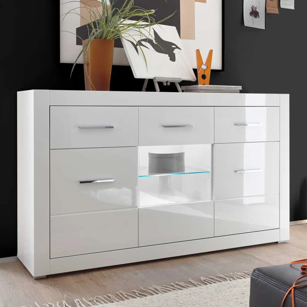 Wohnen Sideboards & Kommoden|Wohnzimmerschränke*3-türiges Sideboard in Hochglanz Weiß & Glas Yulis mit 2 Schubladen