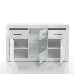 Wohnen Sideboards & Kommoden|Wohnzimmerschränke*3-türiges Sideboard in Hochglanz Weiß & Glas Yulis mit 2 Schubladen