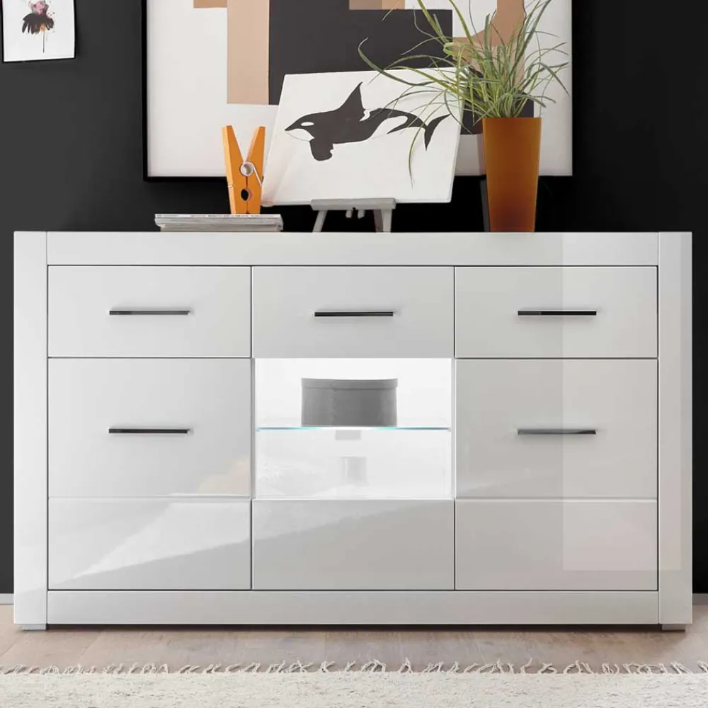 Wohnen Sideboards & Kommoden|Wohnzimmerschränke*3-türiges Sideboard in Hochglanz Weiß & Glas Yulis mit 2 Schubladen
