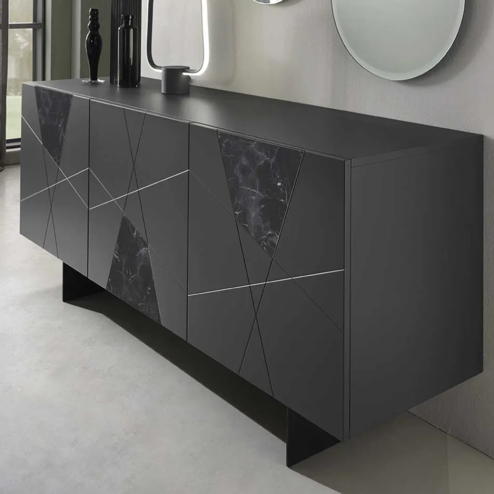 Wohnen Küchenschränke|Designermöbel*3-türiges Sideboard mit Marmor Einsätzen Schwarz - Wakes