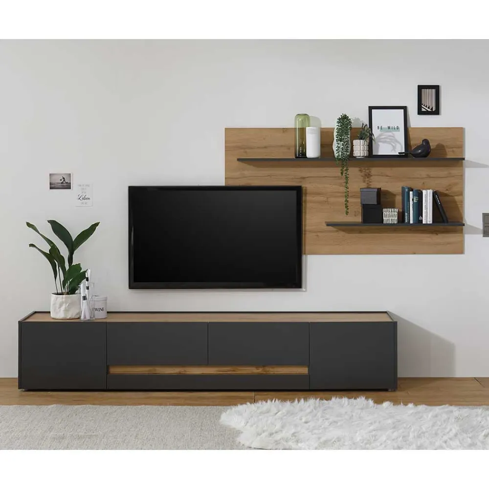 Wohnen Graue Möbel|Wohnzimmerschränke*TV Board & Wandpaneel Set - Ahilav (zweiteilig)
