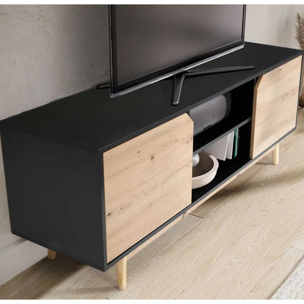 Wohnen TV Board in Eiche und Schwarz - Heraklion