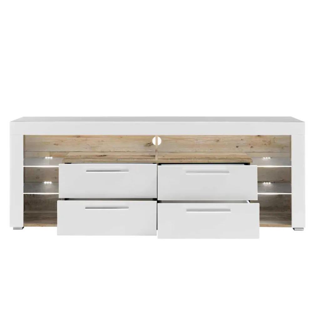Wohnen Sideboards & Kommoden|Tv & Hifi-Möbel*TV Lowboard in Weiß HG & Holz Antik Dekor - Masina