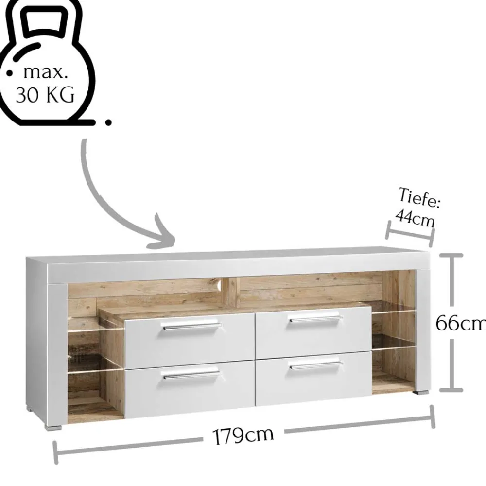 Wohnen Sideboards & Kommoden|Tv & Hifi-Möbel*TV Lowboard in Weiß HG & Holz Antik Dekor - Masina