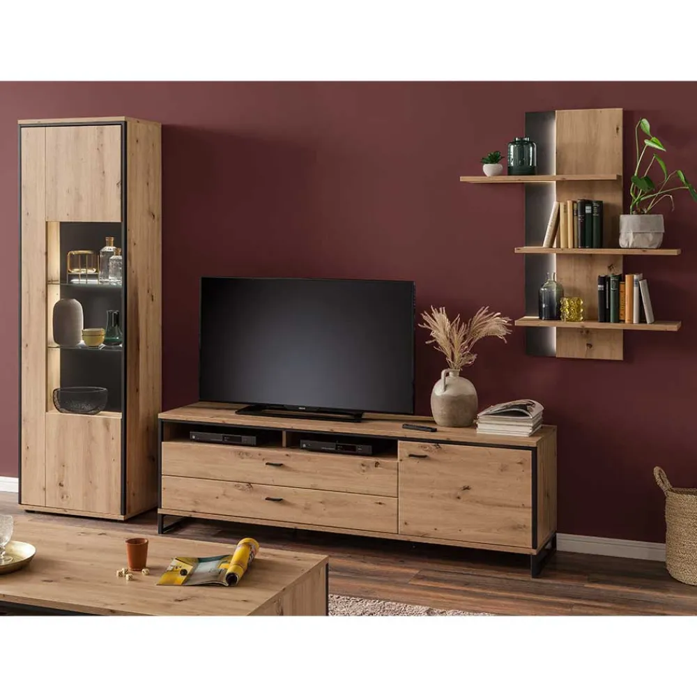 Wohnen TV Wohnwand Set in Dekor Eiche - Nikdus (dreiteilig)