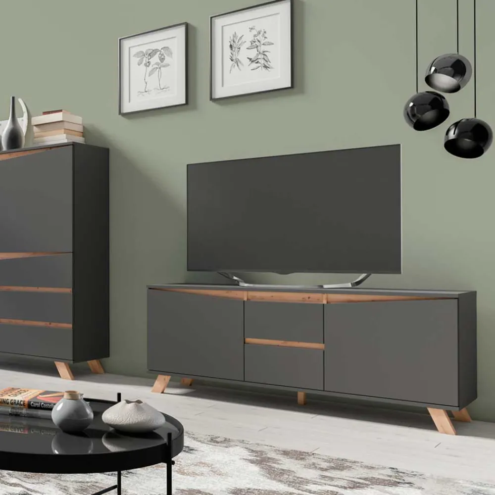 Wohnen Skandinavische Möbel|Sideboards & Kommoden*TV-Lowboard in Anthrazit mit Wildeiche - Operatiu