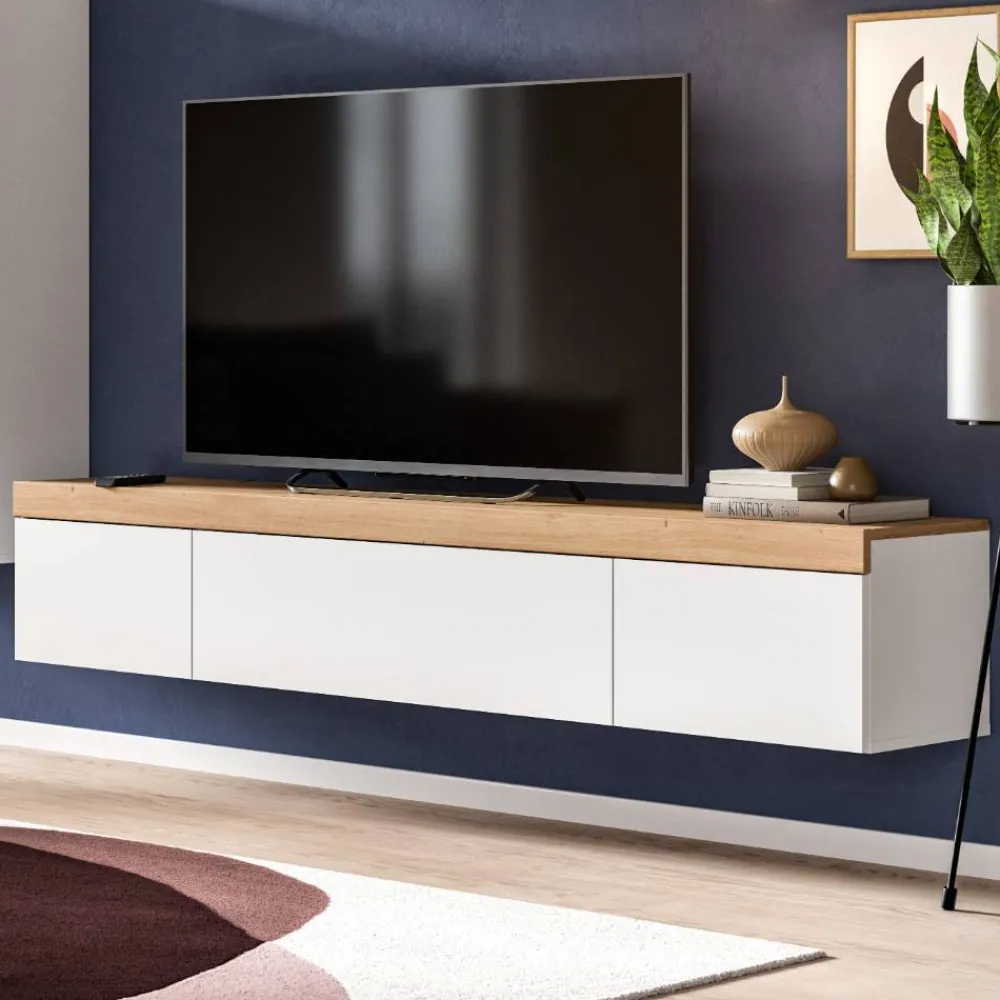 Wohnen TV-Lowboard in Weiß mit Wildeiche Natur Optik - Emdan