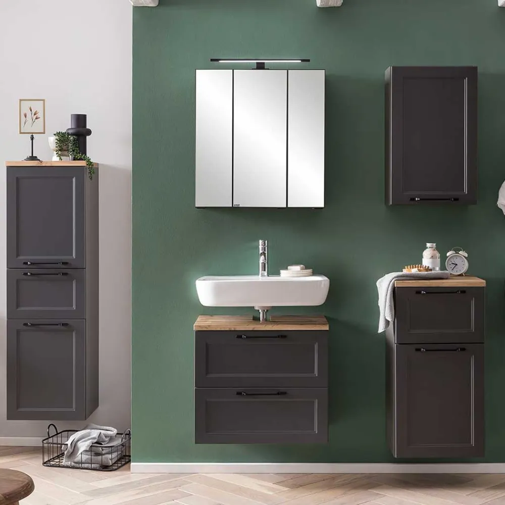 Wohnen Waschtisch|Waschbeckenunterschränke*Unterbeckenschrank in Dunkelgrau mit Wildeiche - Novelya