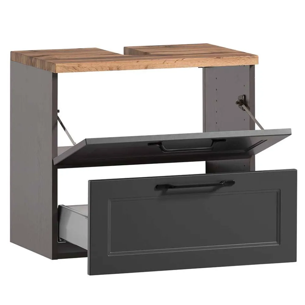 Wohnen Waschtisch|Waschbeckenunterschränke*Unterbeckenschrank in Dunkelgrau mit Wildeiche - Novelya