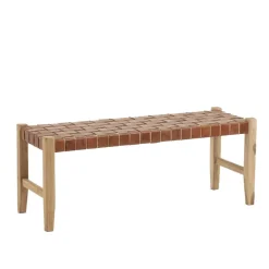 Wohnen Urige Holzbank mit Leder Geflecht Sitz - Crespa (2er Set)