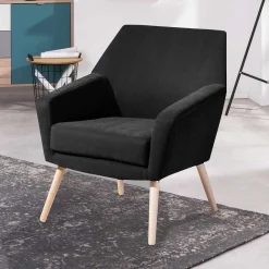Wohnen Velourssessel in Schwarz mit Buche Natur - Nocena