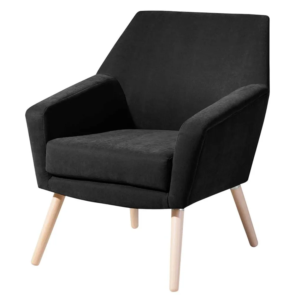 Wohnen Velourssessel in Schwarz mit Buche Natur - Nocena