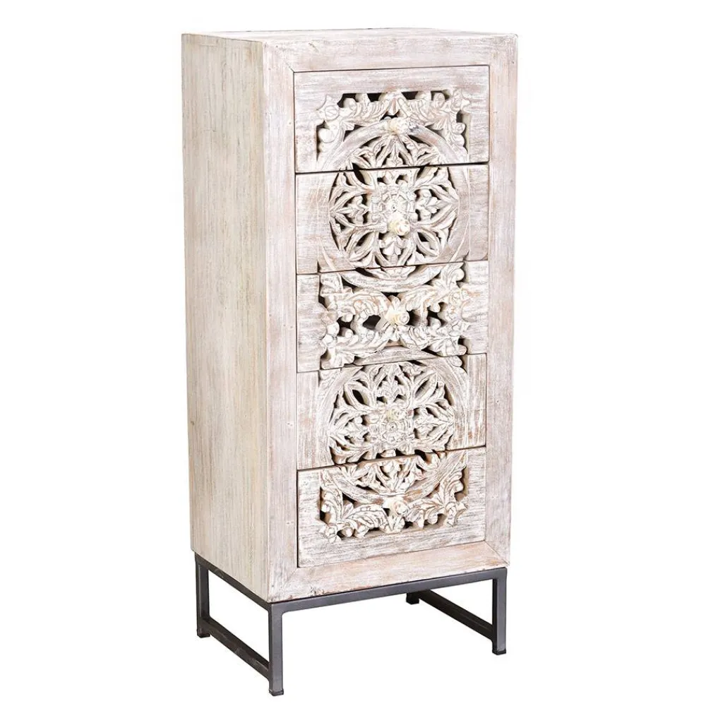 Wohnen Vintage Hochkommode aus Mangoholz White Wash - Fudorus