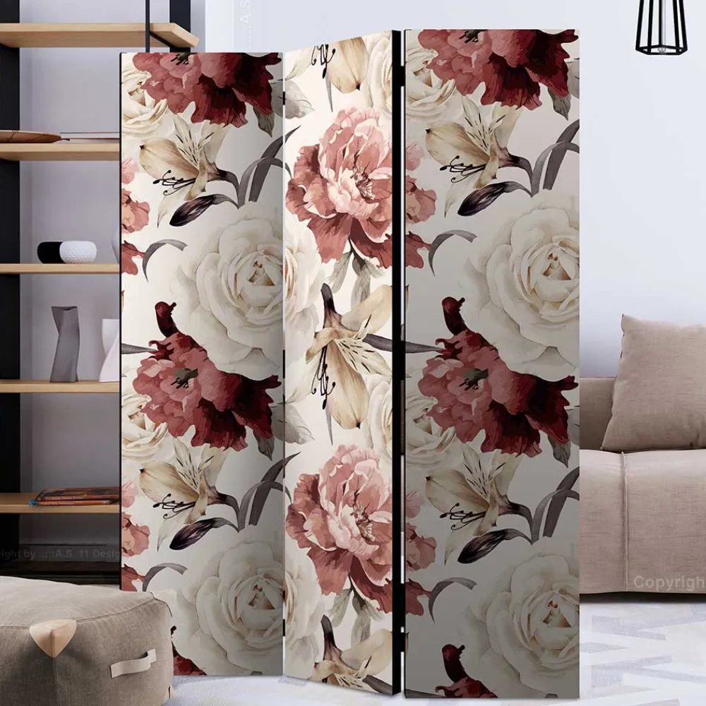 Wohnen Vintage Motiv Paravent mit Rosen in Rot Weiß - Vakuum