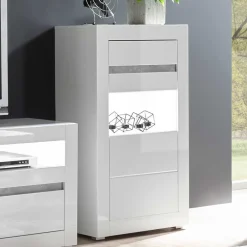 Wohnen Glasmöbel|Wohnzimmerschränke*Vitrine in Hochglanz Weiß Mextra mit Beton Dekor Absetzung