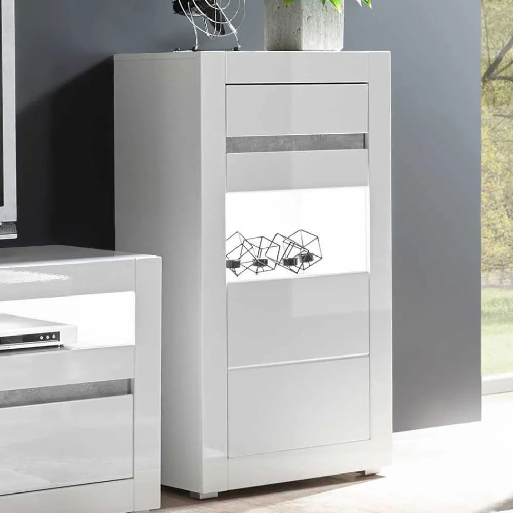 Wohnen Glasmöbel|Wohnzimmerschränke*Vitrine in Hochglanz Weiß Mextra mit Beton Dekor Absetzung