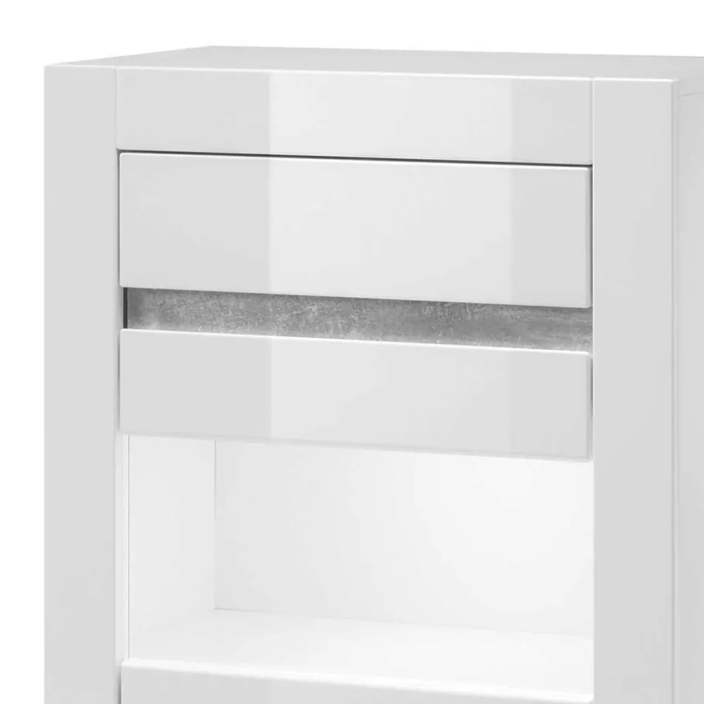 Wohnen Glasmöbel|Wohnzimmerschränke*Vitrine in Hochglanz Weiß Mextra mit Beton Dekor Absetzung