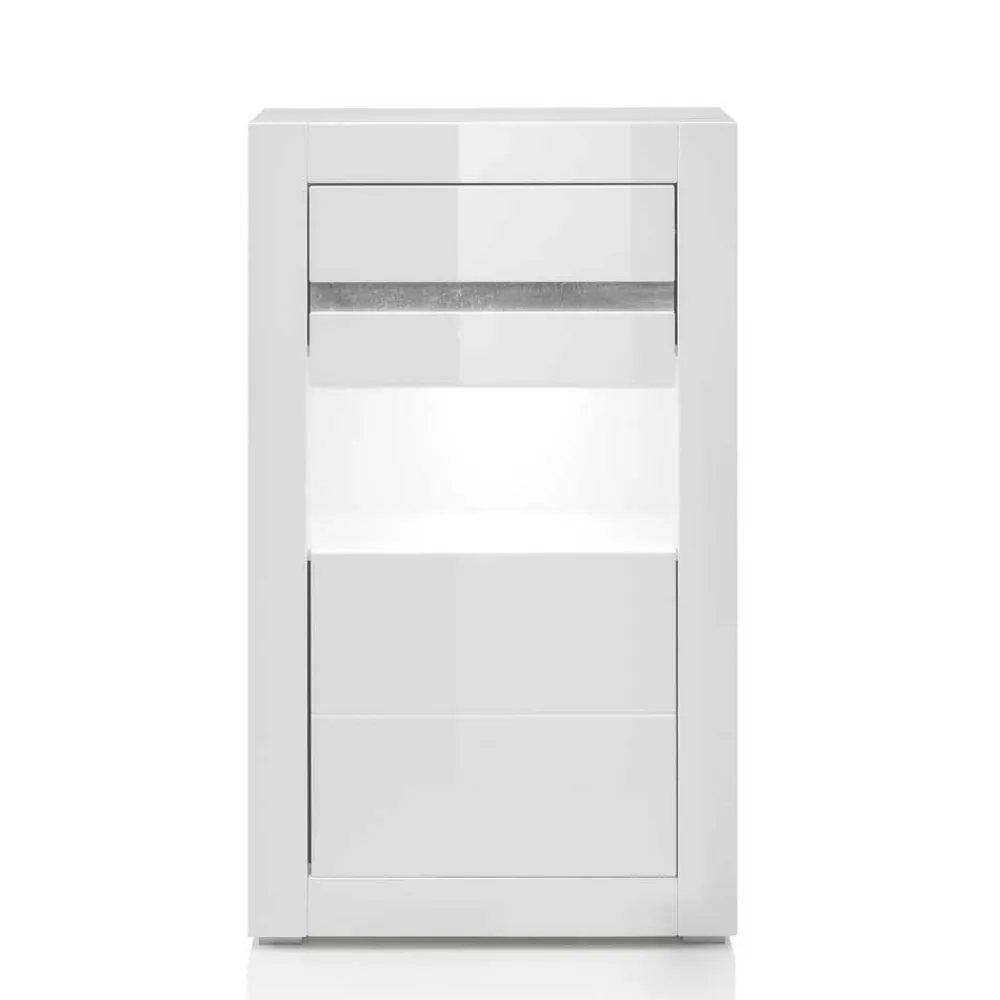 Wohnen Glasmöbel|Wohnzimmerschränke*Vitrine in Hochglanz Weiß Mextra mit Beton Dekor Absetzung