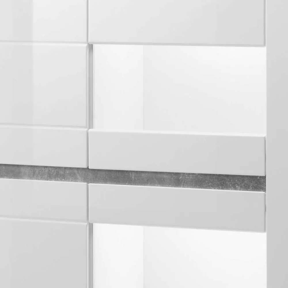 Wohnen Vitrinen|Wohnzimmer-Vitrinen*Vitrine in Weiß hochglänzend Mextra mit Absetzung Beton Optik