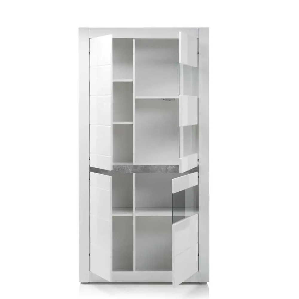 Wohnen Vitrinen|Wohnzimmer-Vitrinen*Vitrine in Weiß hochglänzend Mextra mit Absetzung Beton Optik