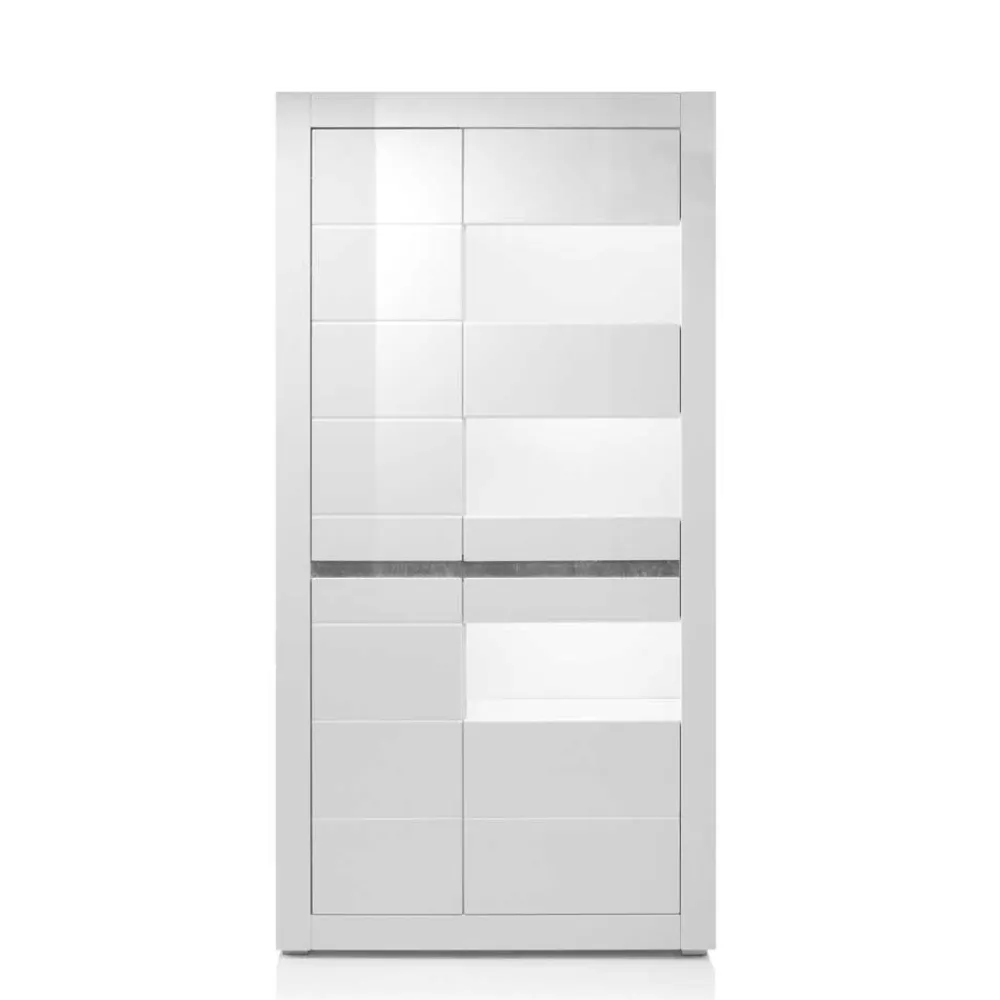 Wohnen Vitrinen|Wohnzimmer-Vitrinen*Vitrine in Weiß hochglänzend Mextra mit Absetzung Beton Optik