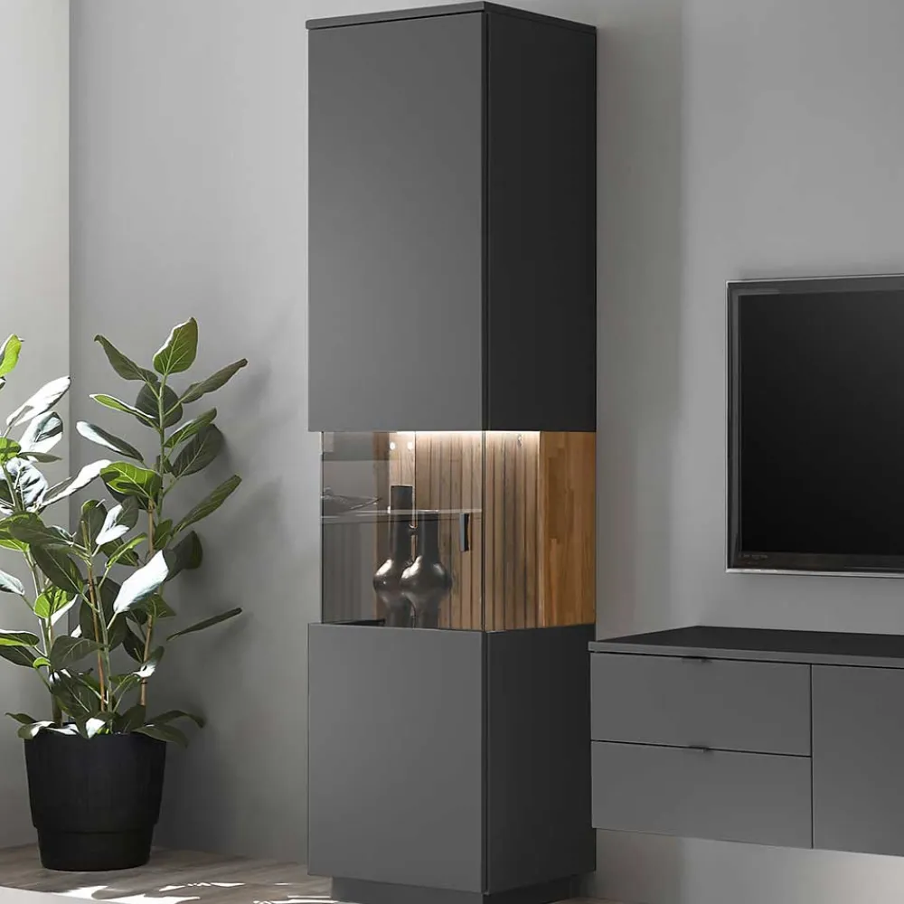 Wohnen Vitrinenschrank in Anthrazit & Eiche Bianco - Cruzca