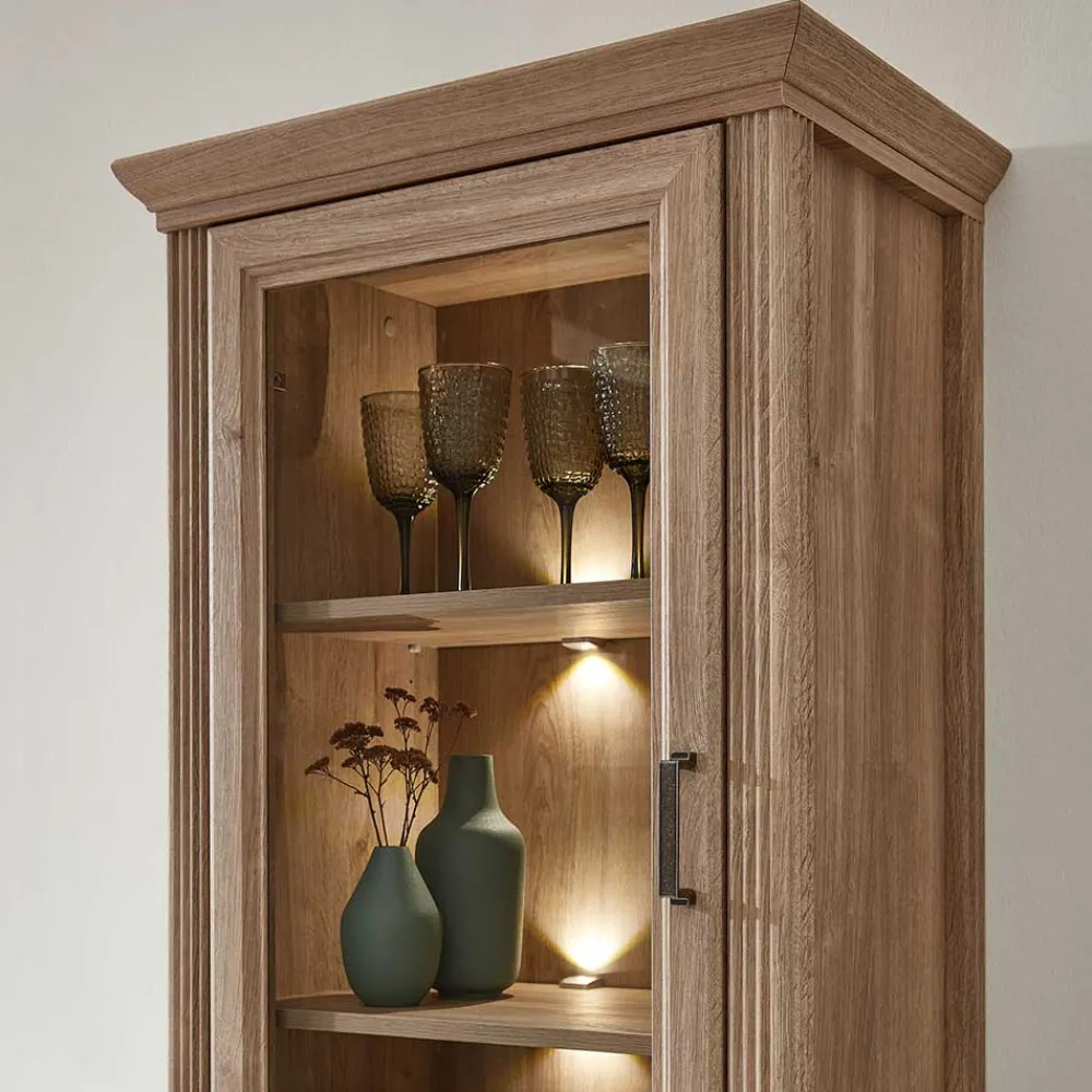 Wohnen Vitrinen|Wohnzimmer-Vitrinen*Vitrinenschrank in Eiche Optik mit LED - Barack