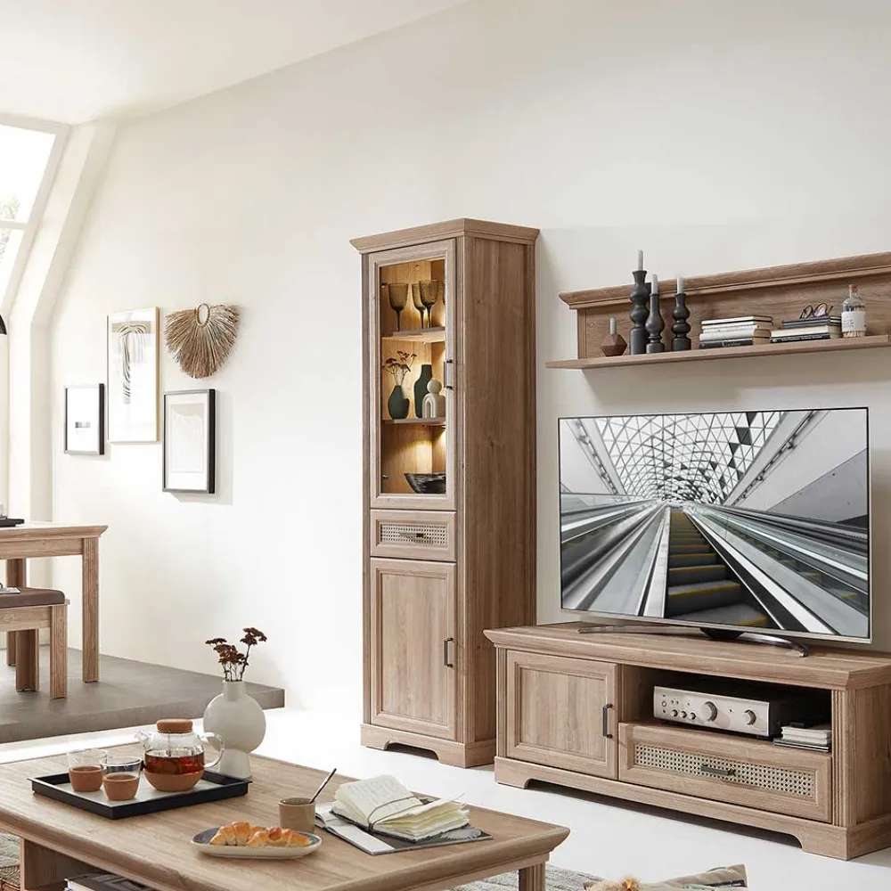 Wohnen Vitrinen|Wohnzimmer-Vitrinen*Vitrinenschrank in Eiche Optik mit LED - Barack