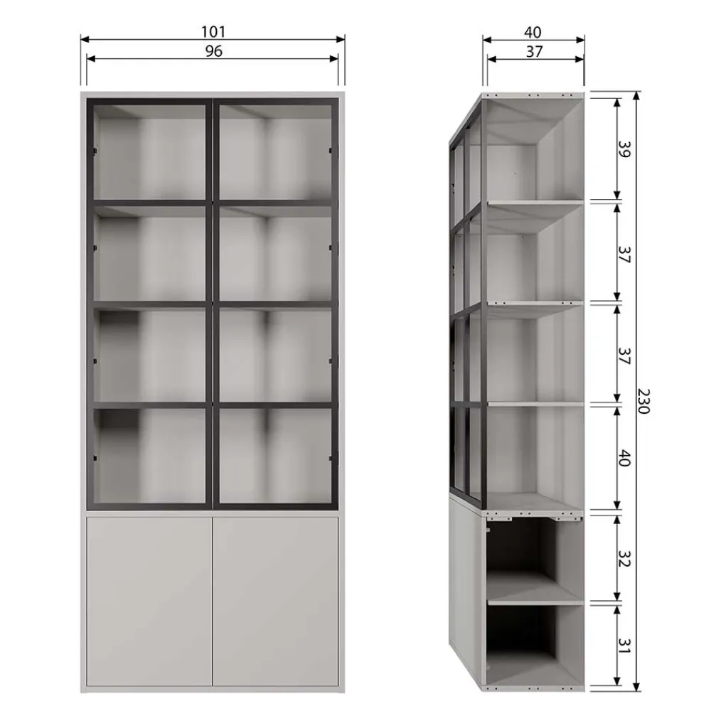 Wohnen Esszimmer-Vitrinen|Vitrinen*Vitrinenschrank in Hellgrau und Schwarz - Arno